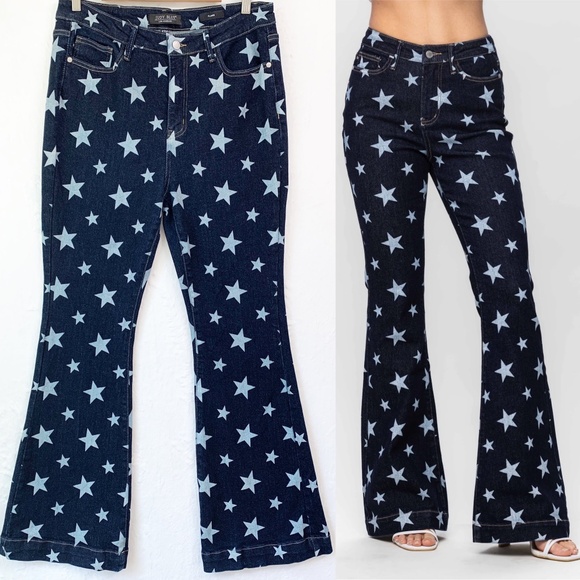 Judy Blue All Over Star Print High Rise Flare Jeans Sz 32 X 31 - Picture 1 of 14